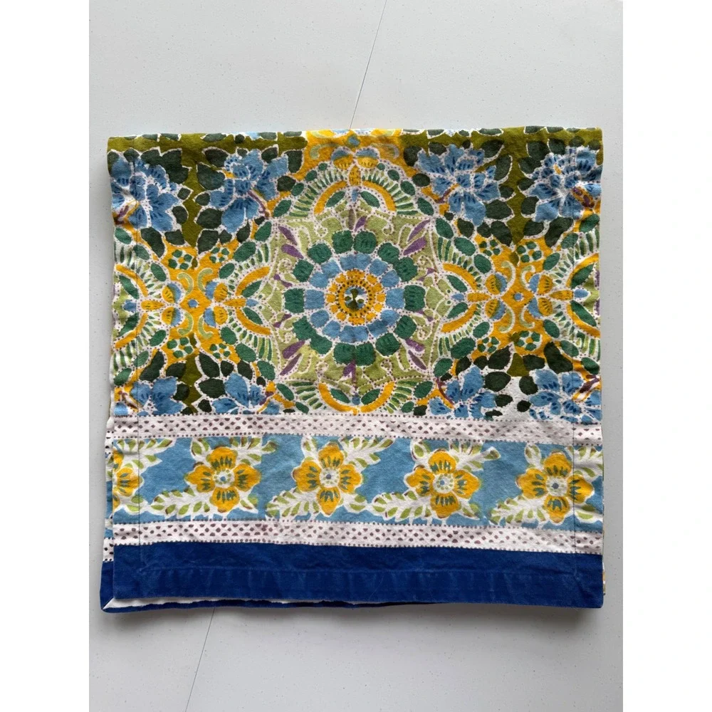 Pottery Barn Table Runner Floral Bright Boho Blue Green Yellow Cotton 18